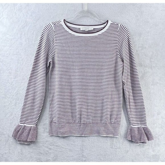 LOFT Sweaters - Loft Womens Sweater Sz Small Striped Ruffle Cuff Knit in Cream and Maroon‎